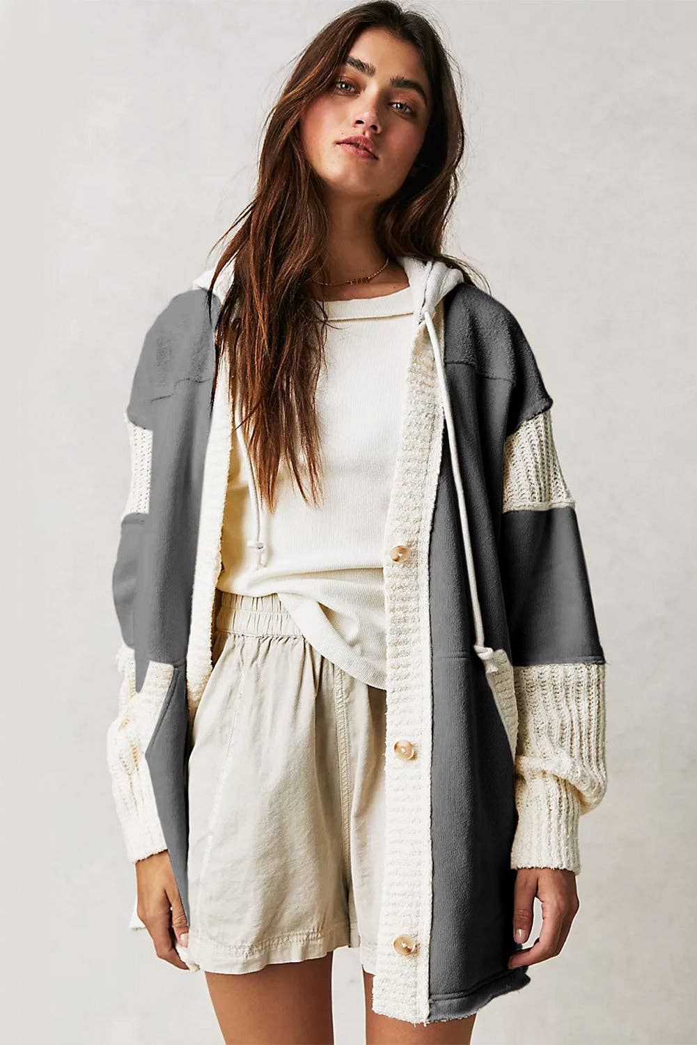 Contrast Knit Patchwork Hooded Cardigan