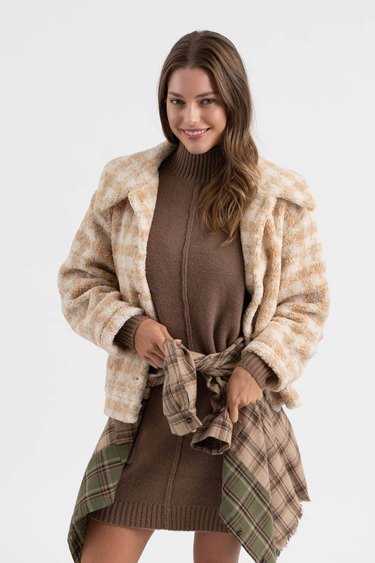 Houndstooth Button Up Collared Jacket