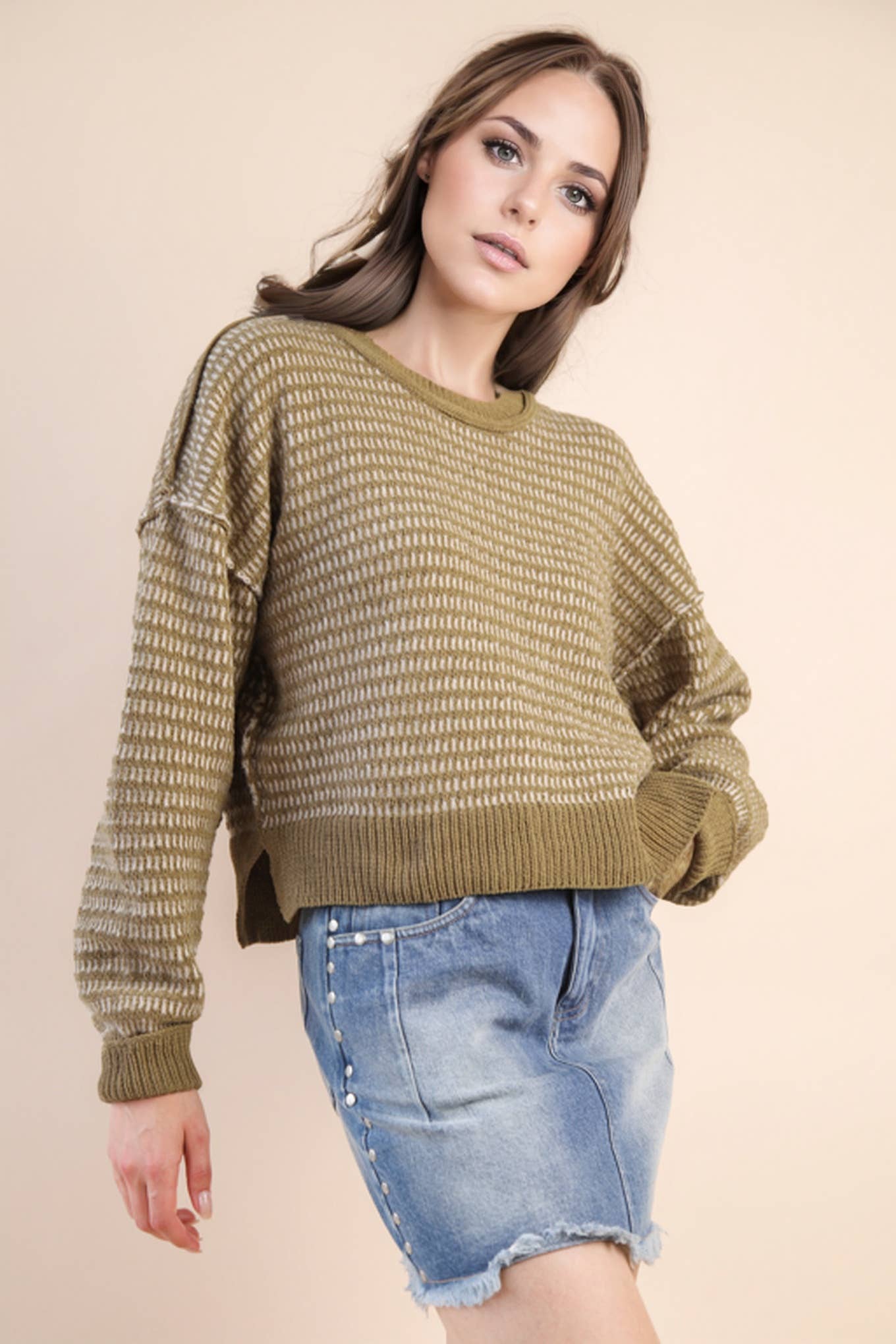 Two Tone Textured Knit Casual Sweater Top