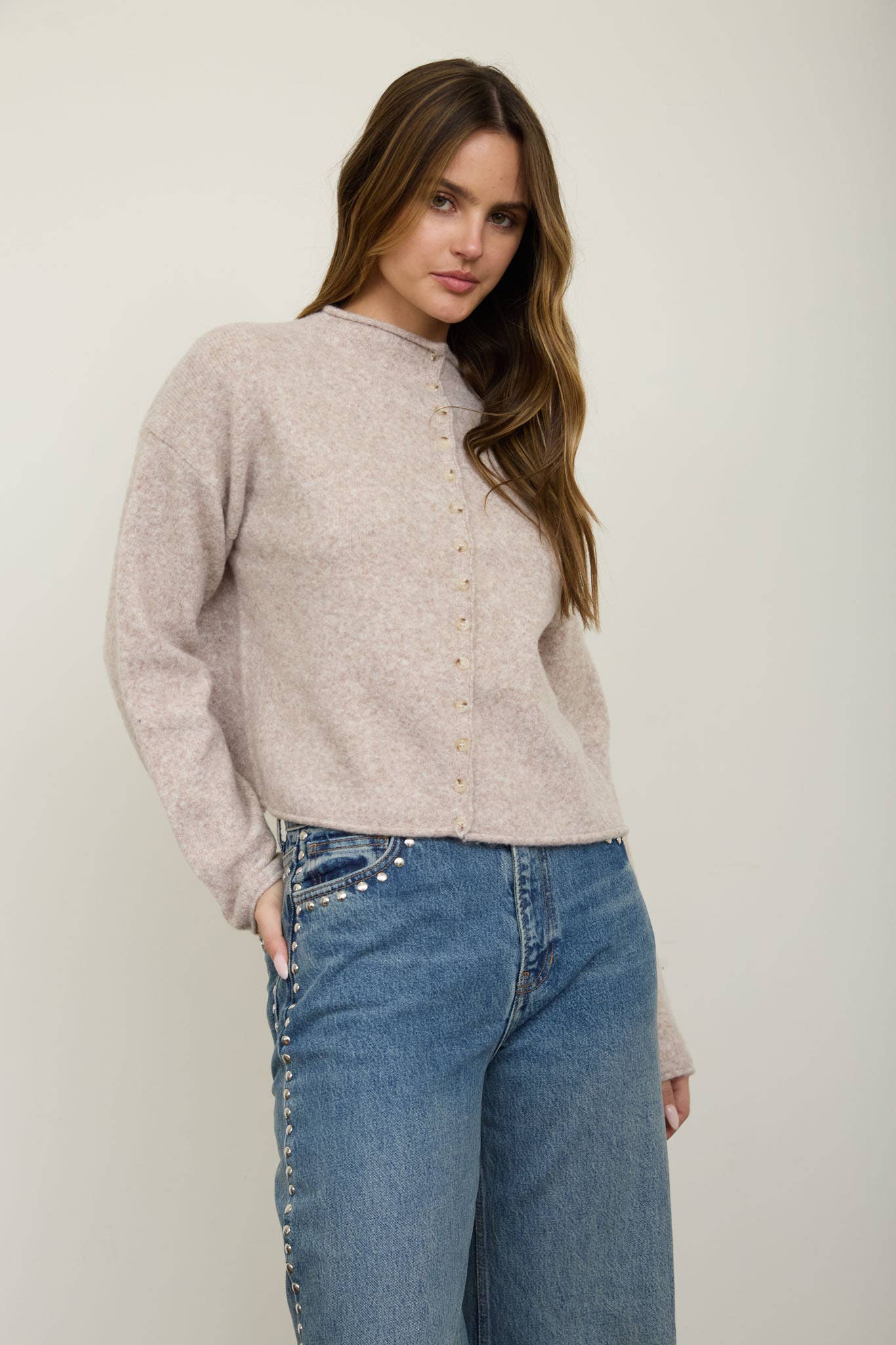Raw Edge Mock Neck Button Down Cardigan