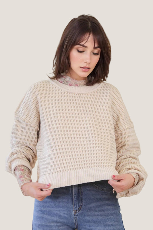 Two Tone Textured Knit Casual Sweater Top