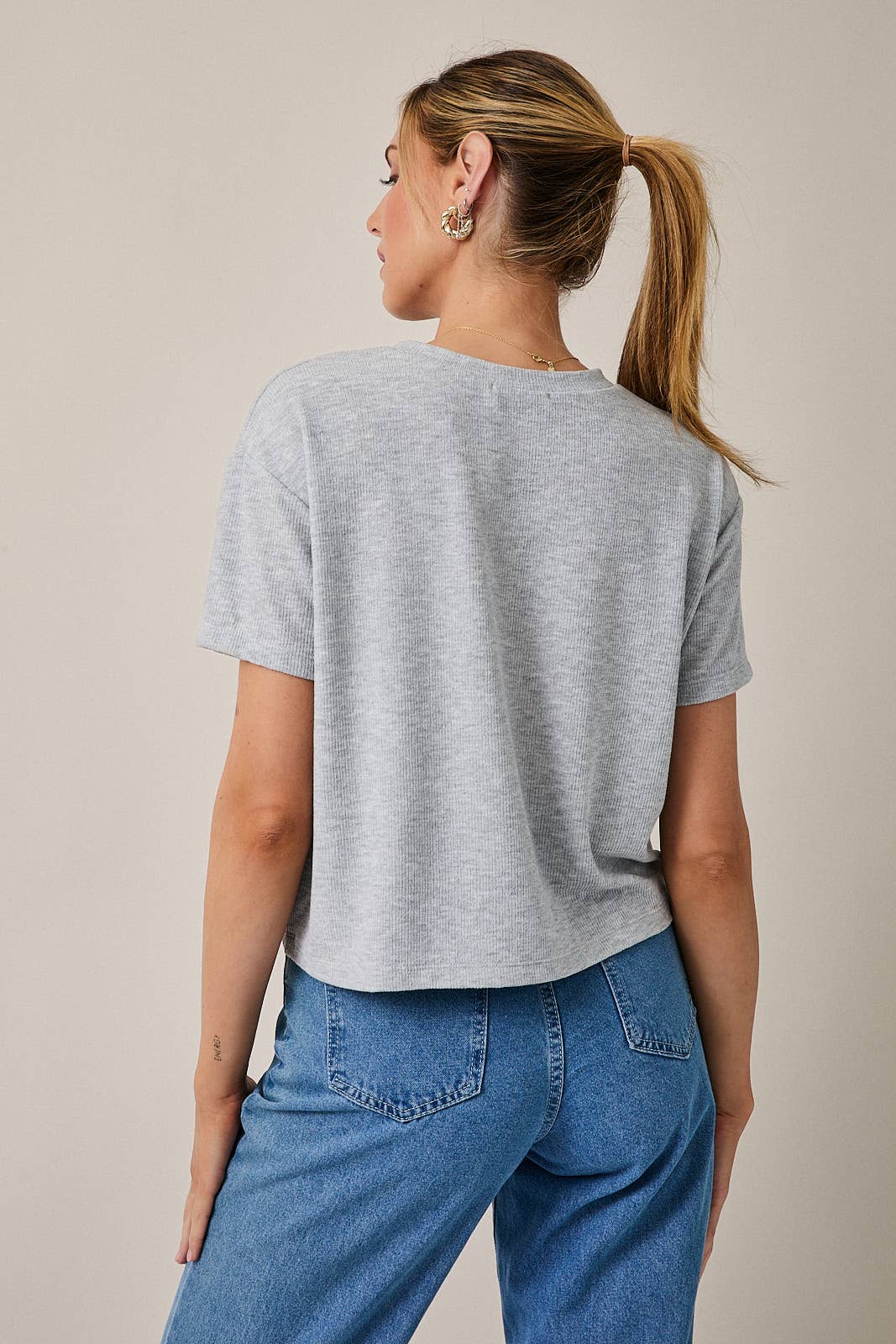 Round Neck Short Sleeve Pocket Detail Top