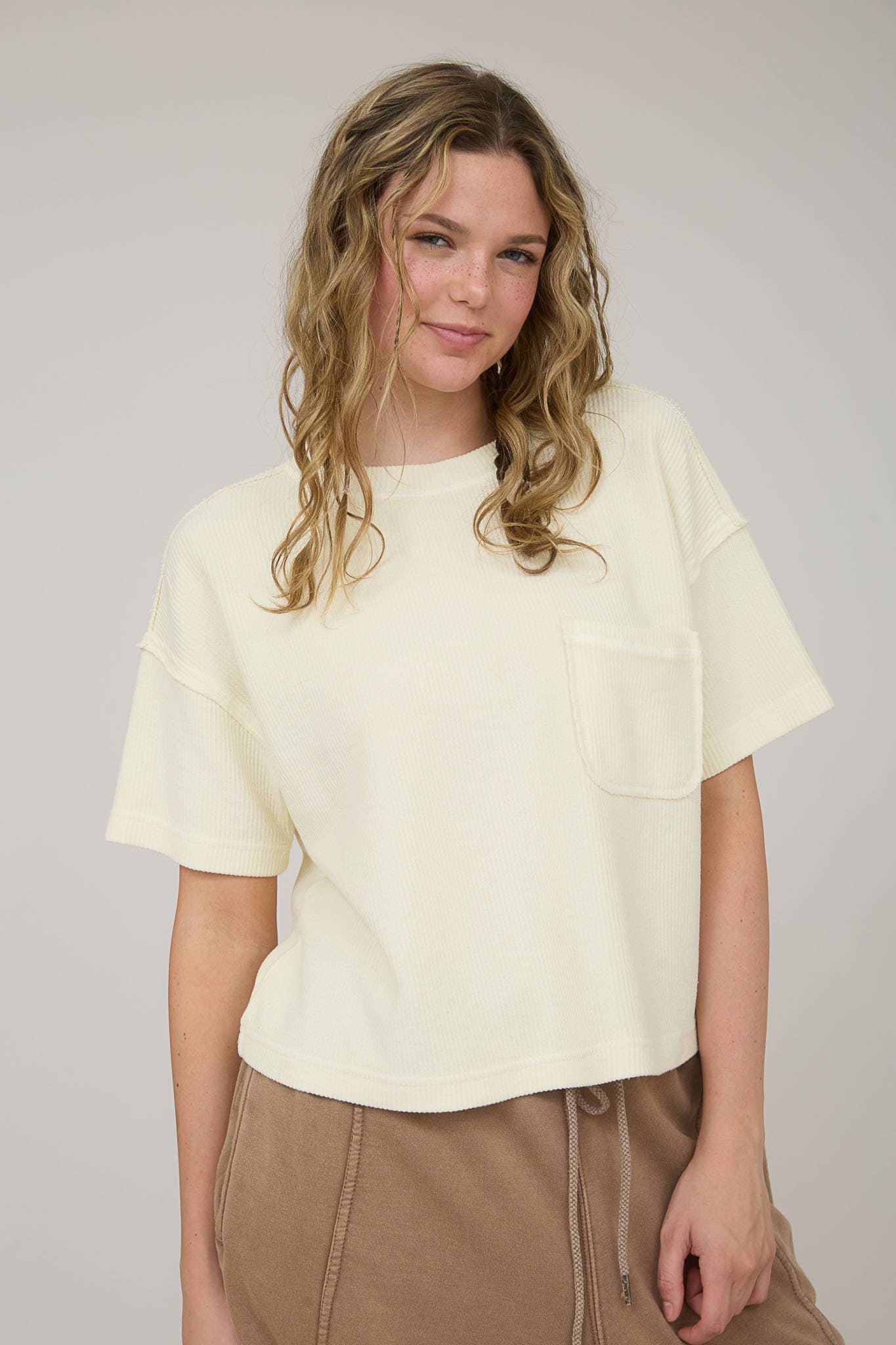 Washed Ribbed Short Sleeve Tee With Pocket