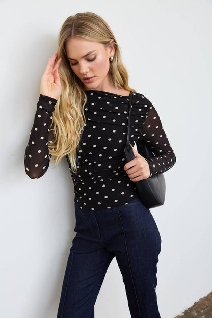 Sheer Mesh Polka Dot Ruched Long Sleeve Knit Top