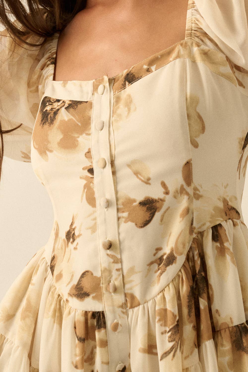 Floral Chiffon Bubble-Sleeve Tiered Ruffle Romper