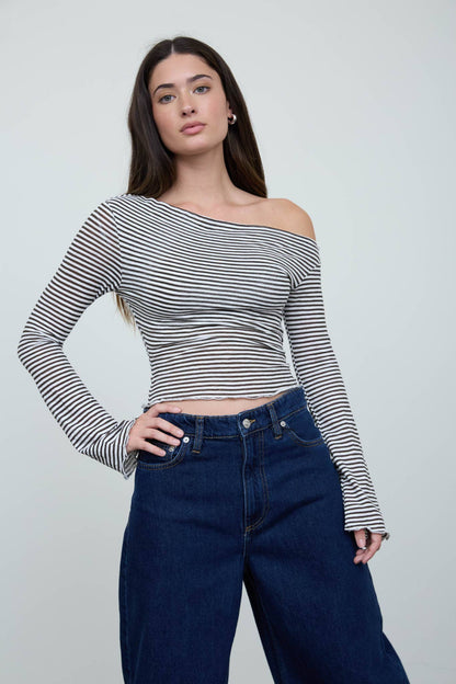 Stripe Asymmetrical Neck Long Sleeve Knit Top