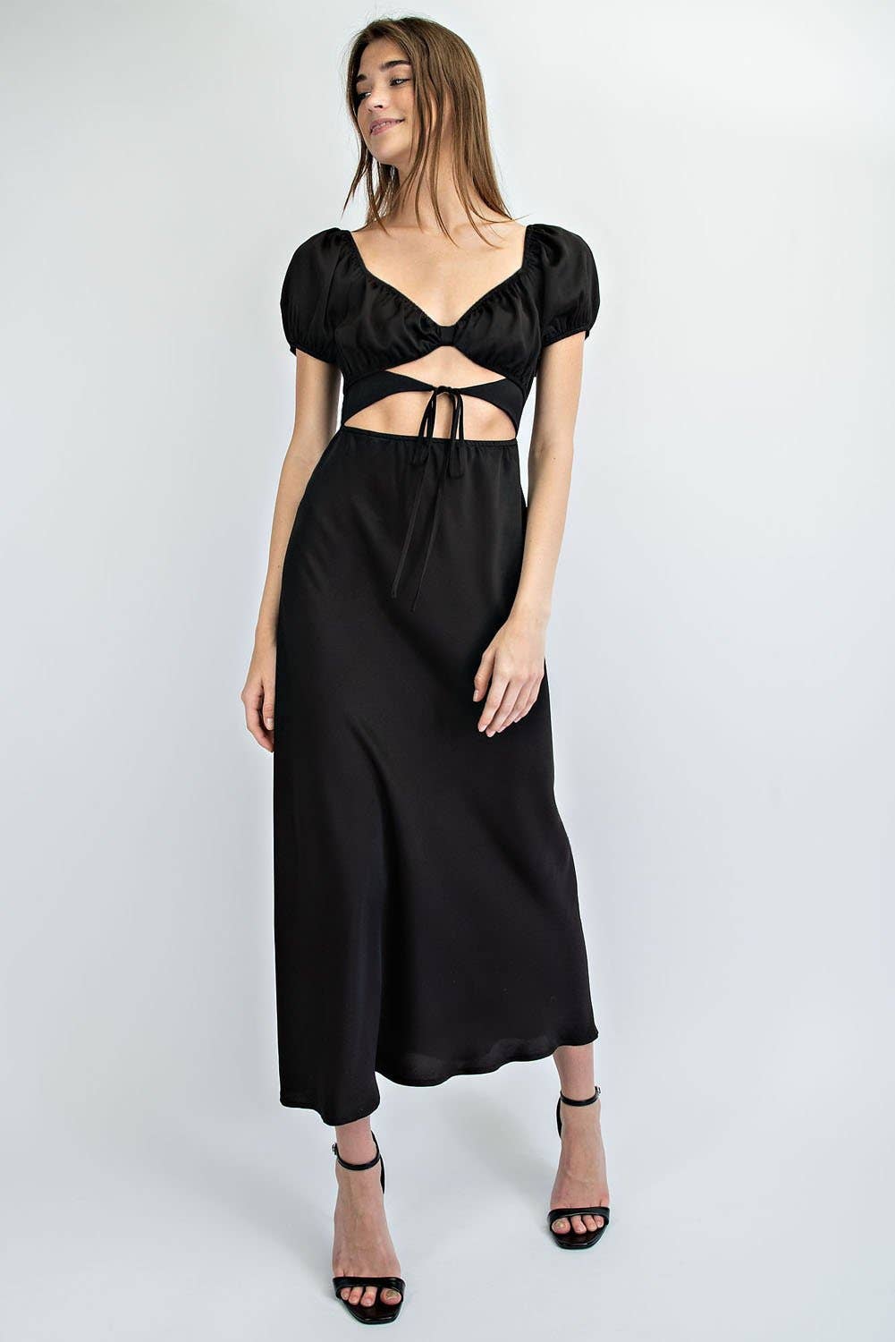 Bias Cut Long Satin Dress  Ruched Bodice Detail
