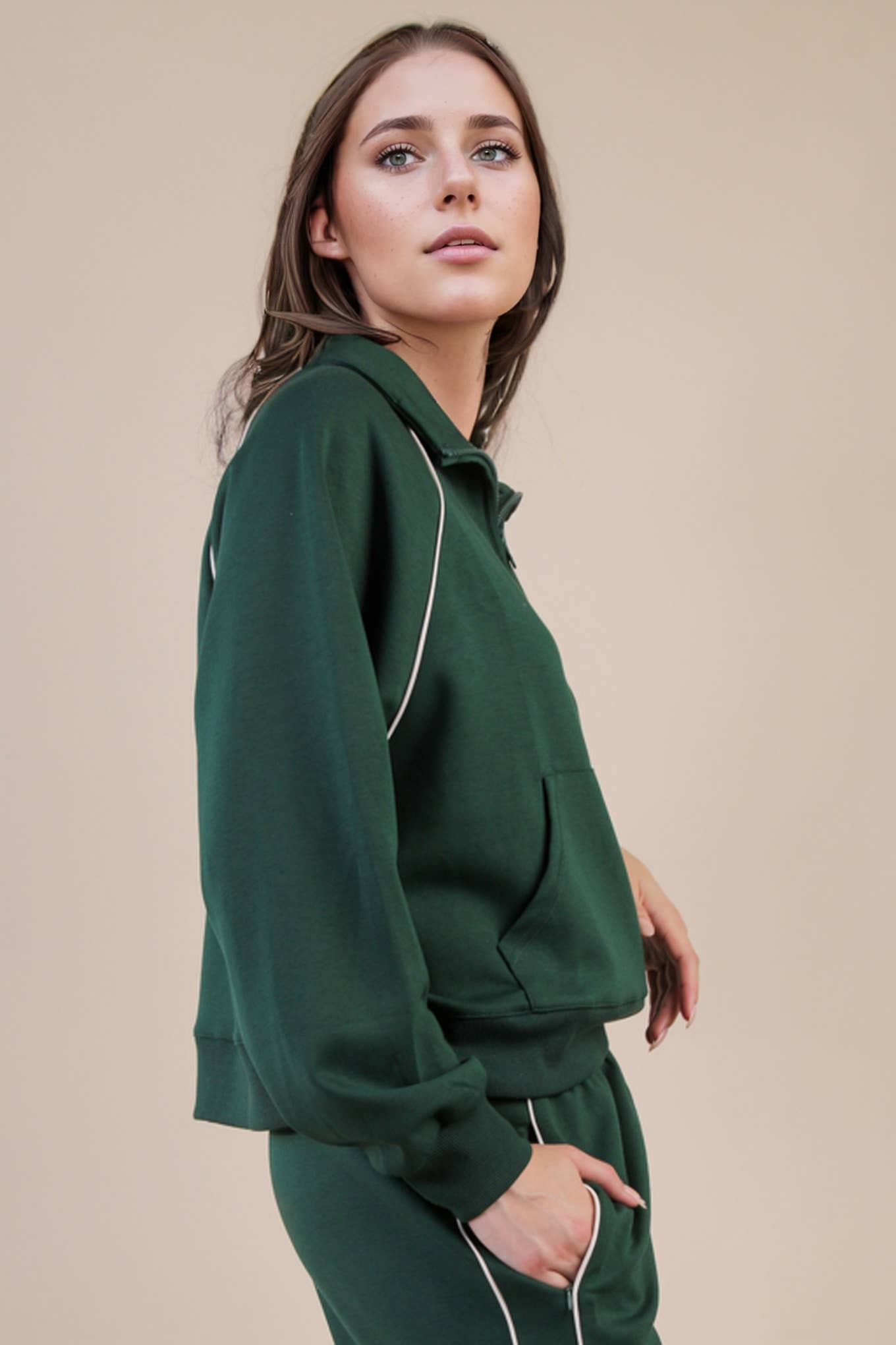 Half Zip Up Piping Detail Knit Casual Top