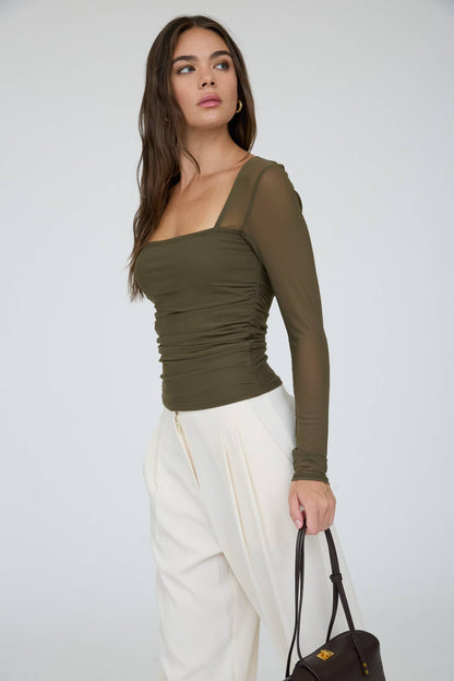 Ruched Waist Square Neck Long Sleeve Knit Top