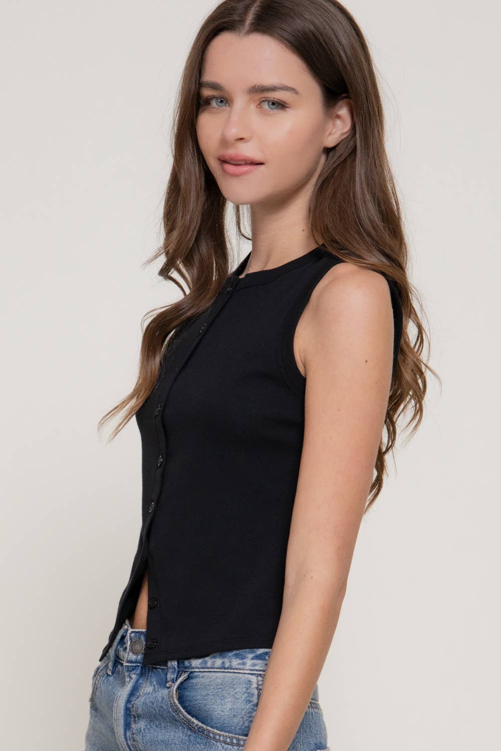 Sleeveless Crew Neck Button Down 1x1 Rib Top