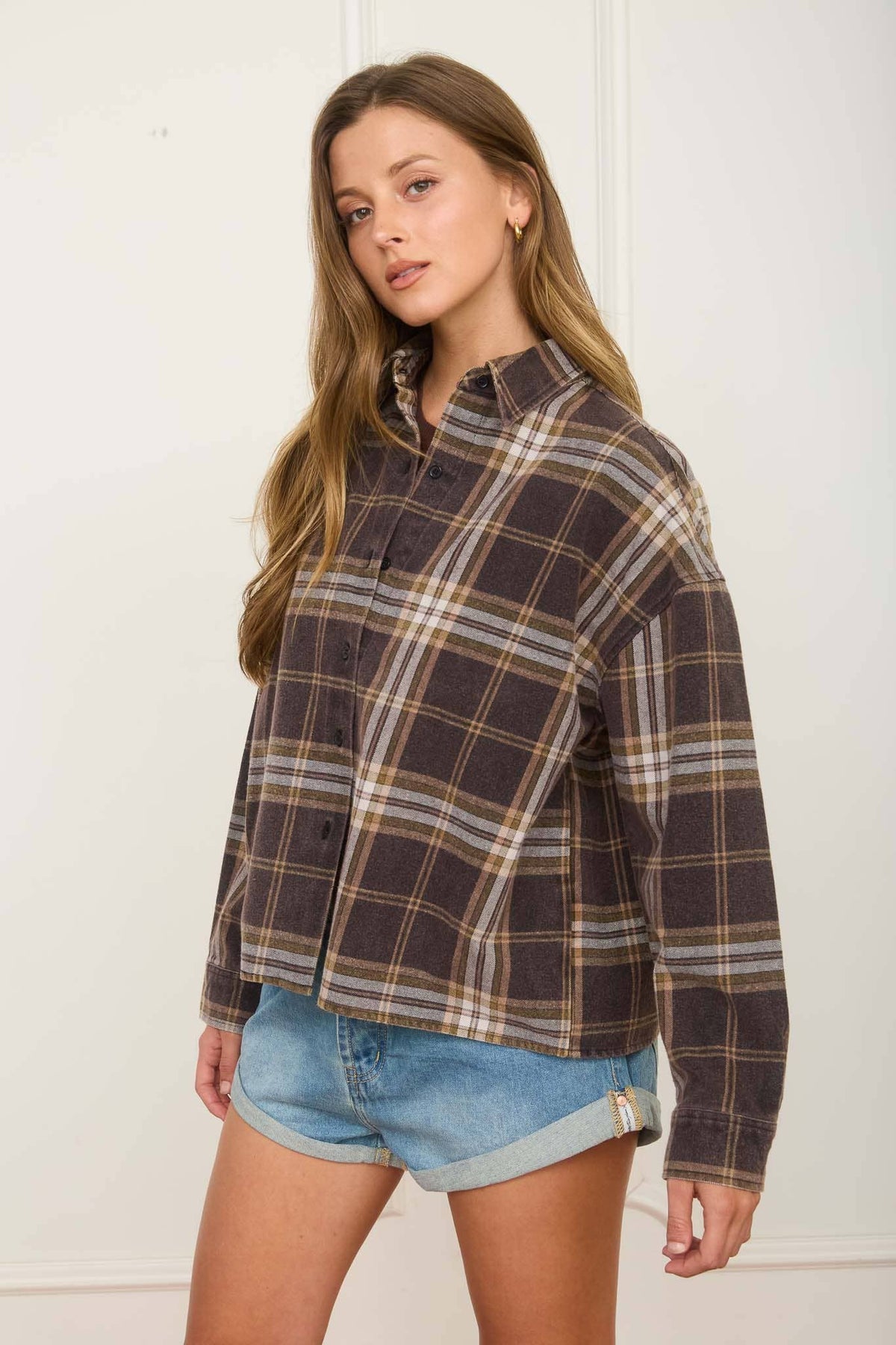 Plaid Button Laid Boxy Long Sleeve Shirt