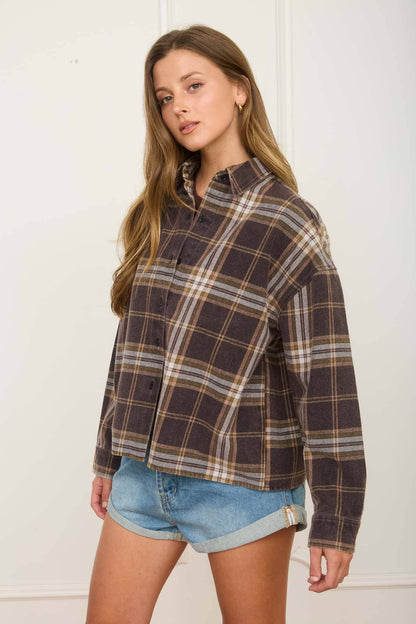 Plaid Button Laid Boxy Long Sleeve Shirt