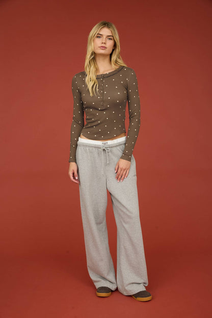 Polka Dot Long Sleeve Henley Knit Top