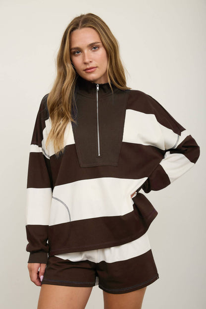 Wide Stripe Half Zip Long Sleeve Knit Top