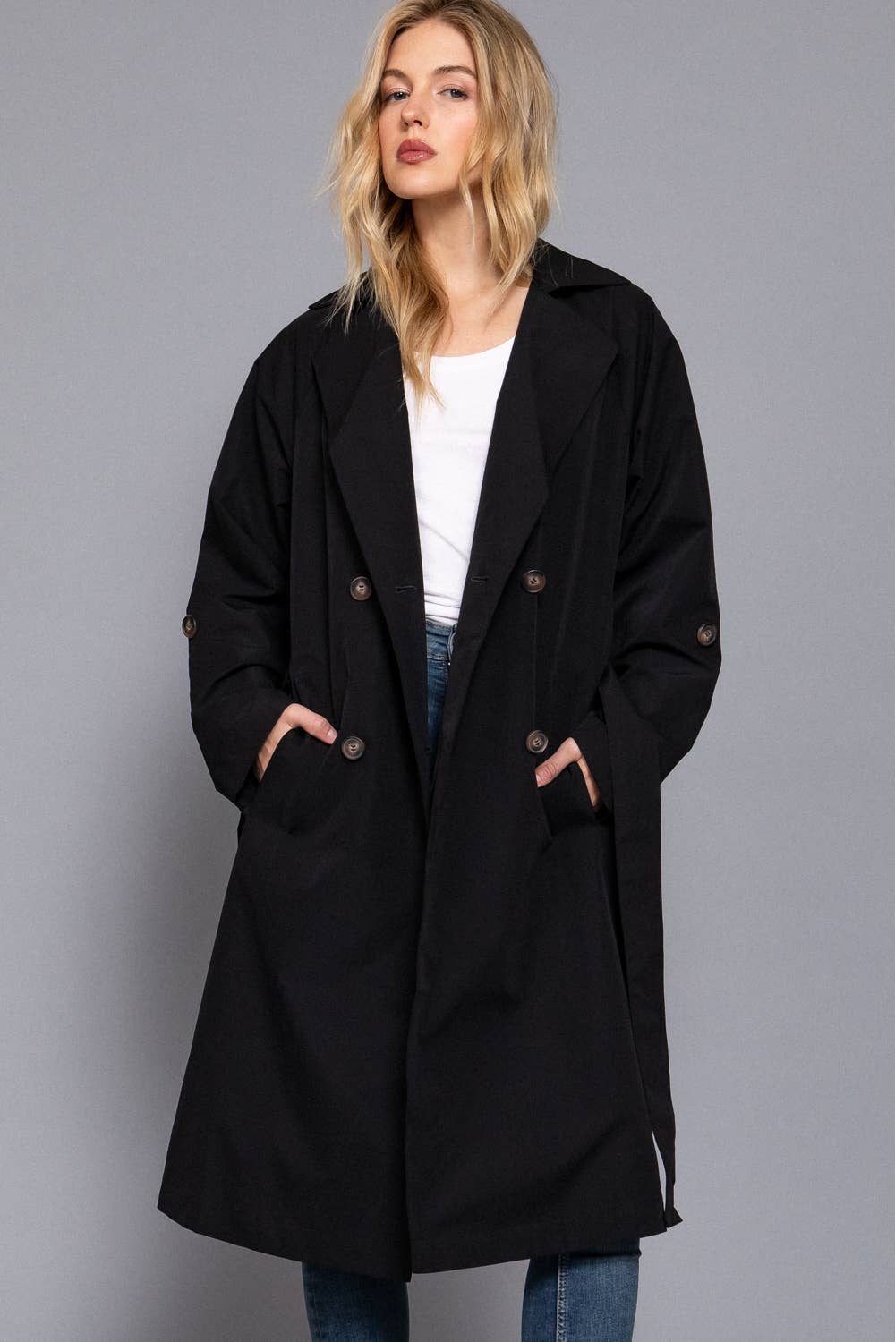 Long Sleeve V-Neck Lapel Collar Trench Coat with Belt