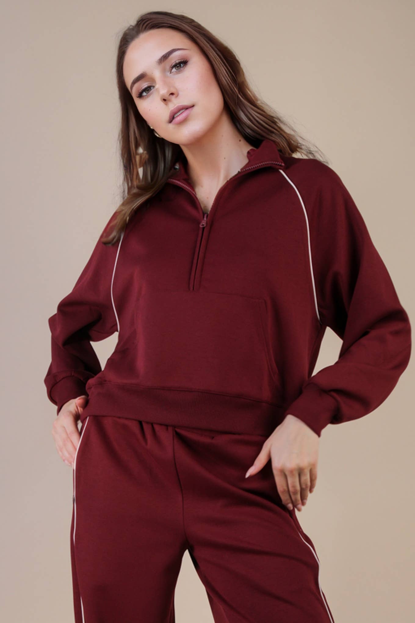 Half Zip Up Piping Detail Knit Casual Top