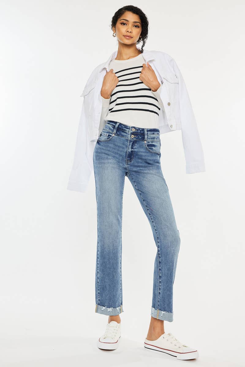 High Rise Slim Straight Cuff Jeans