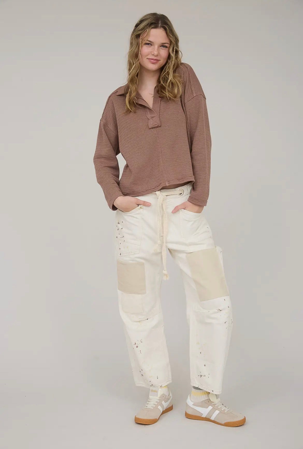 Exposed Seam Long Sleeve Textured Knit Polo