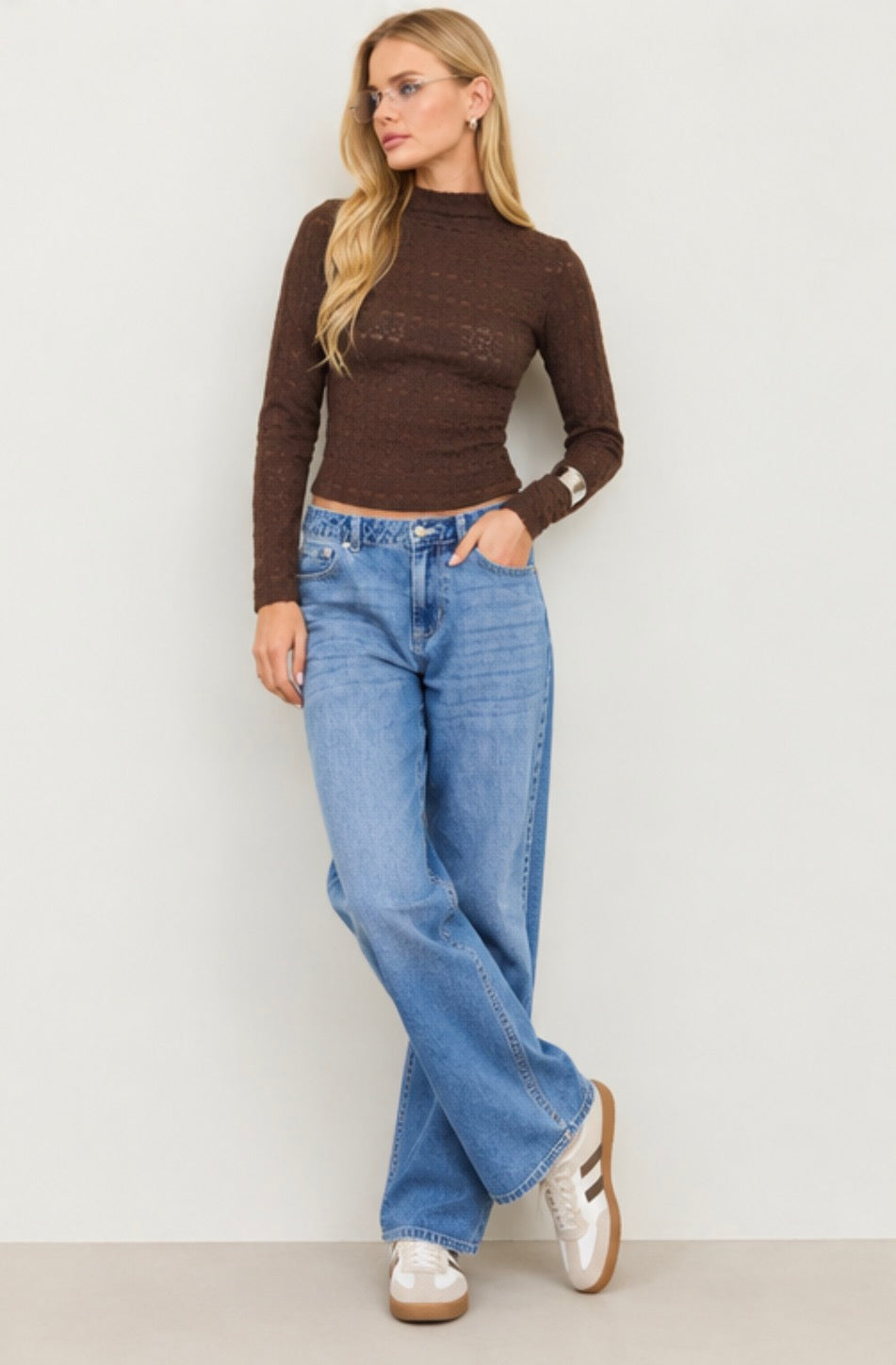 Stripe Floral Jacquard Mock Neck Long Sleeve Knit