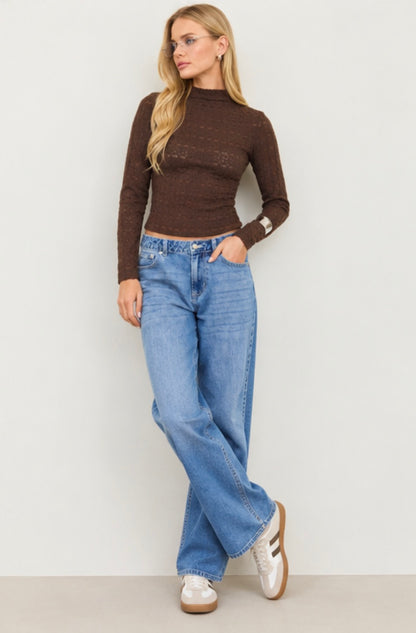 Stripe Floral Jacquard Mock Neck Long Sleeve Knit