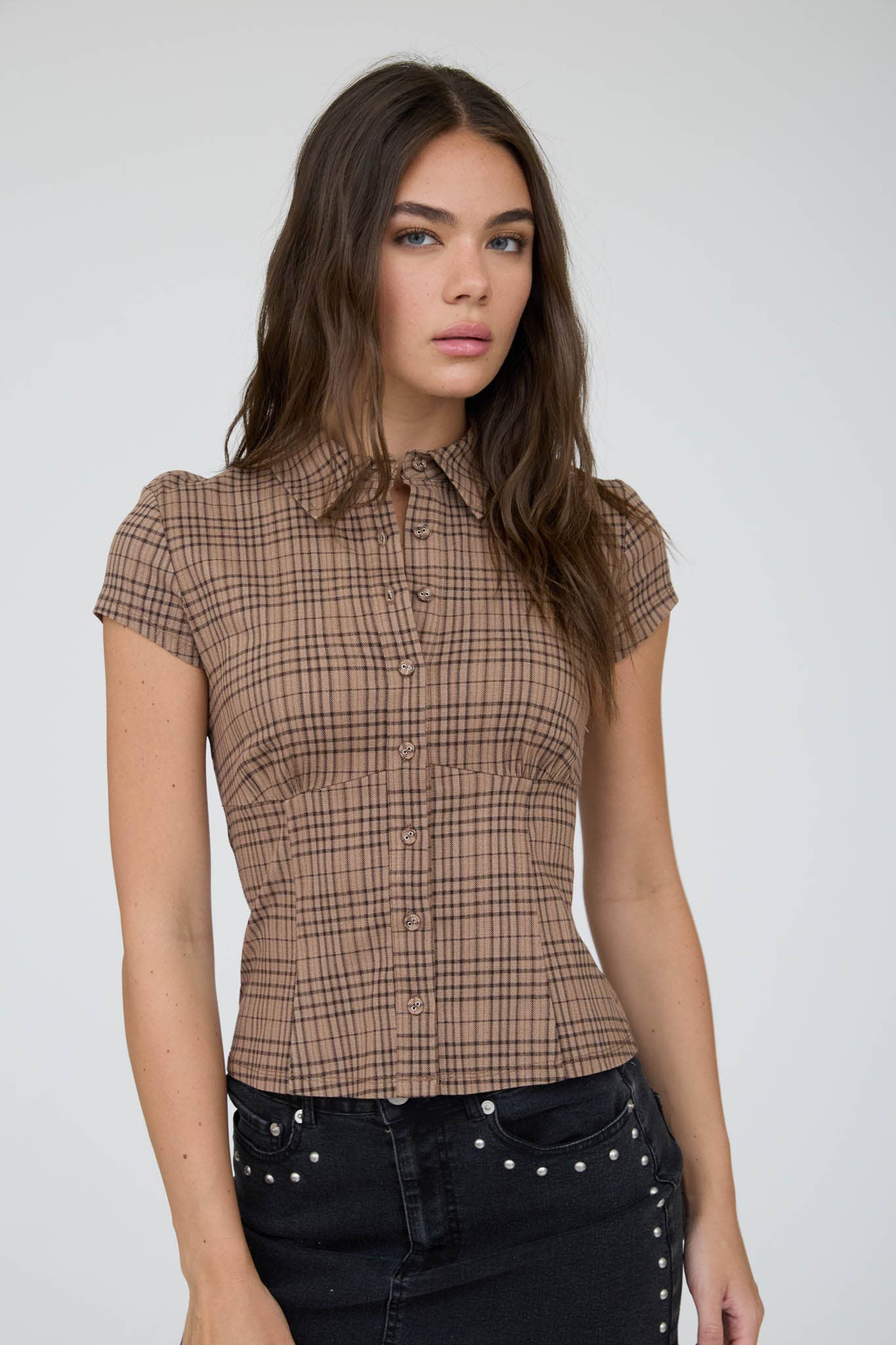 Plaid Collared Short Sleeve Corset Button Down Top
