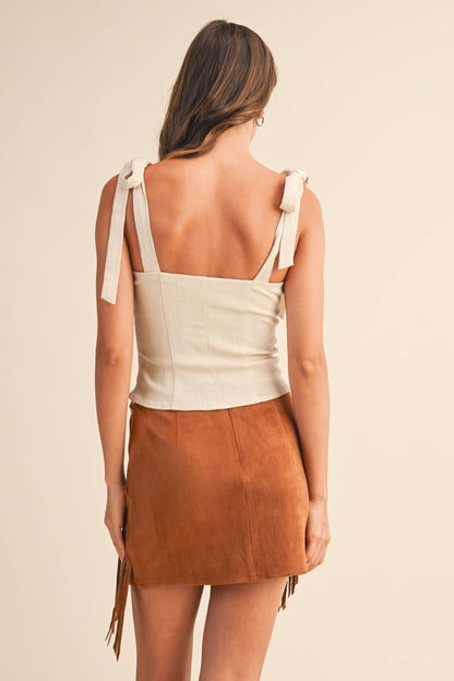 Stretchy Linen Button Down Tie Strap Top
