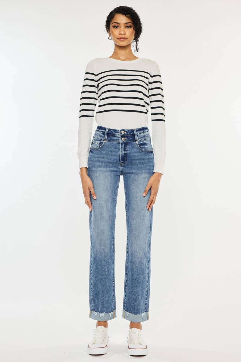 High Rise Slim Straight Cuff Jeans