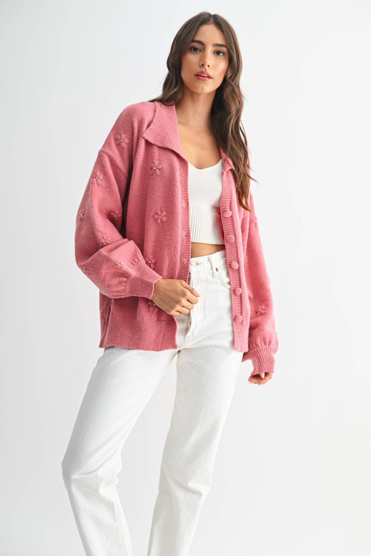 Cozy Pastel Cardigan With Floral Embellishments