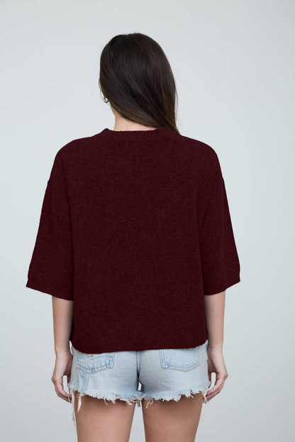 Heathered Crew Neck Half Sleeve Boxy Pullover