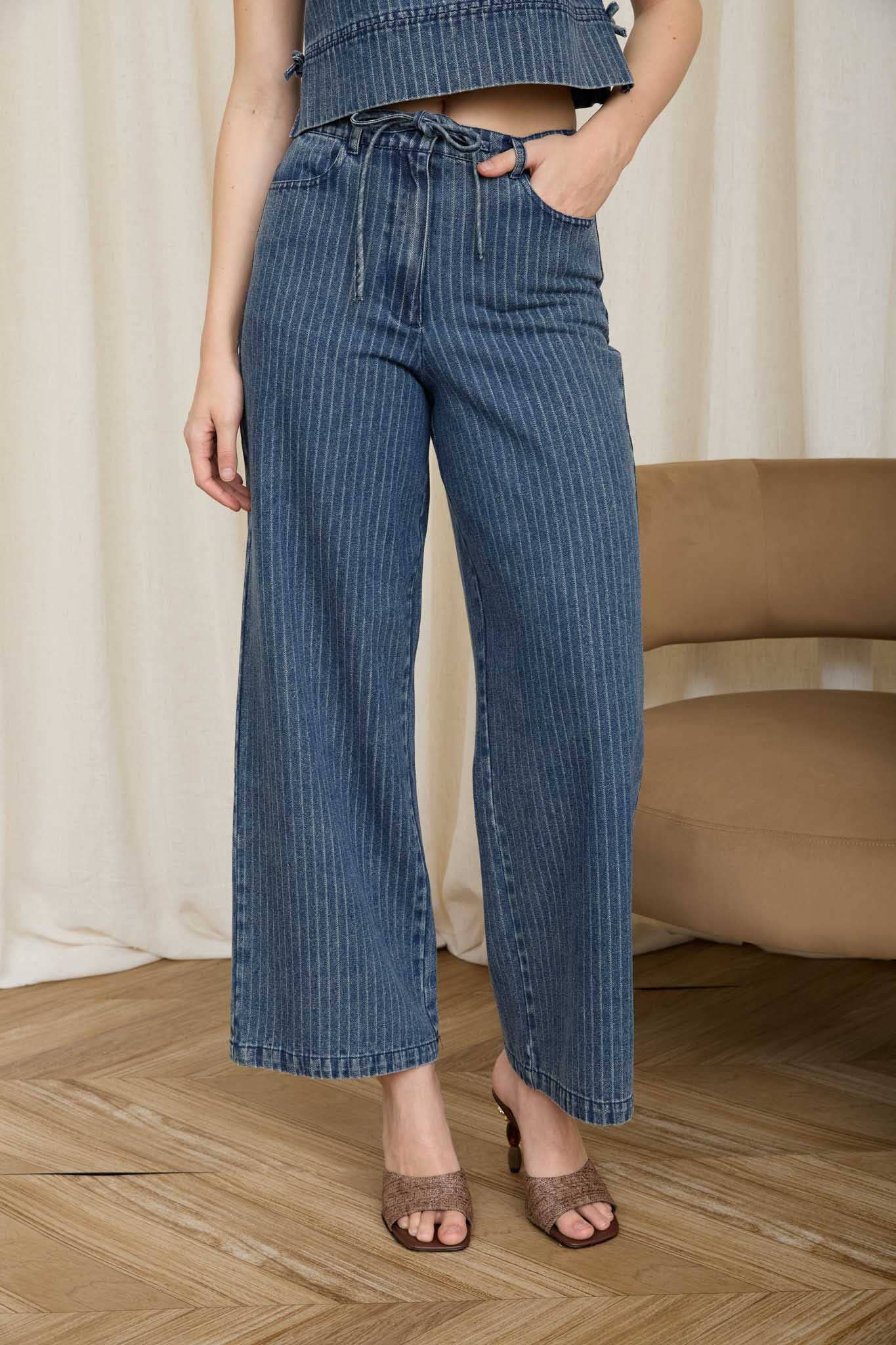 STRIPE WASHED DENIM WAIST TIE STRAP JEANS