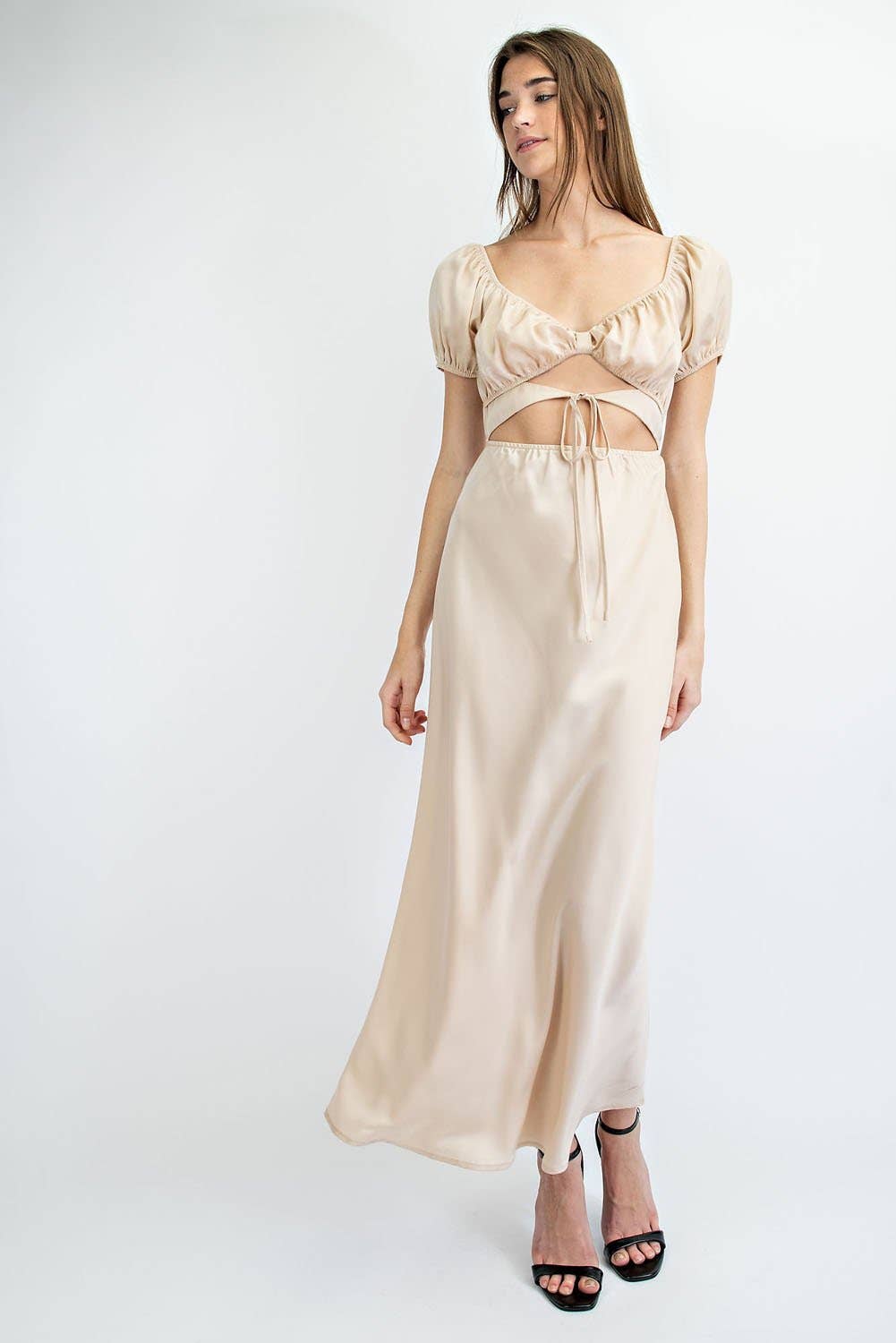 Bias Cut Long Satin Dress  Ruched Bodice Detail