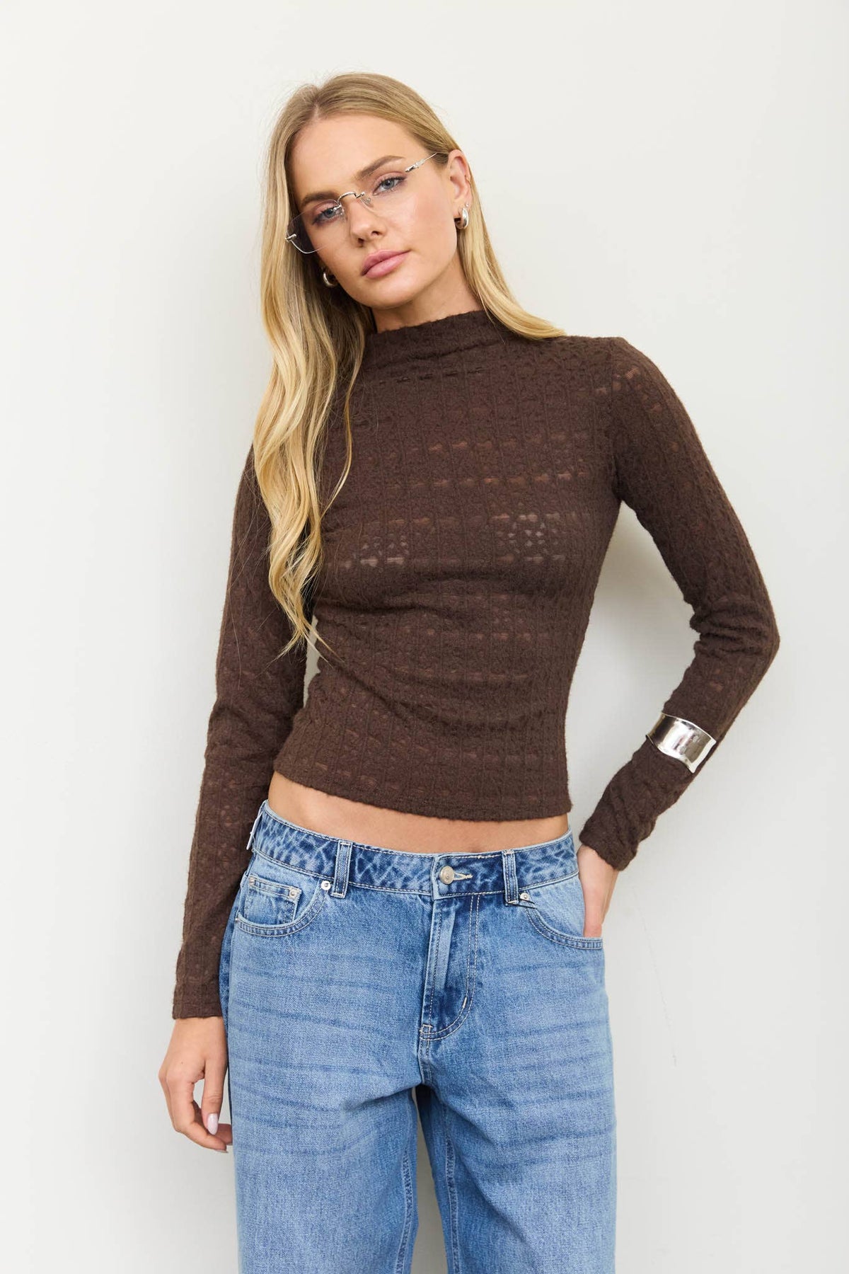 Stripe Floral Jacquard Mock Neck Long Sleeve Knit