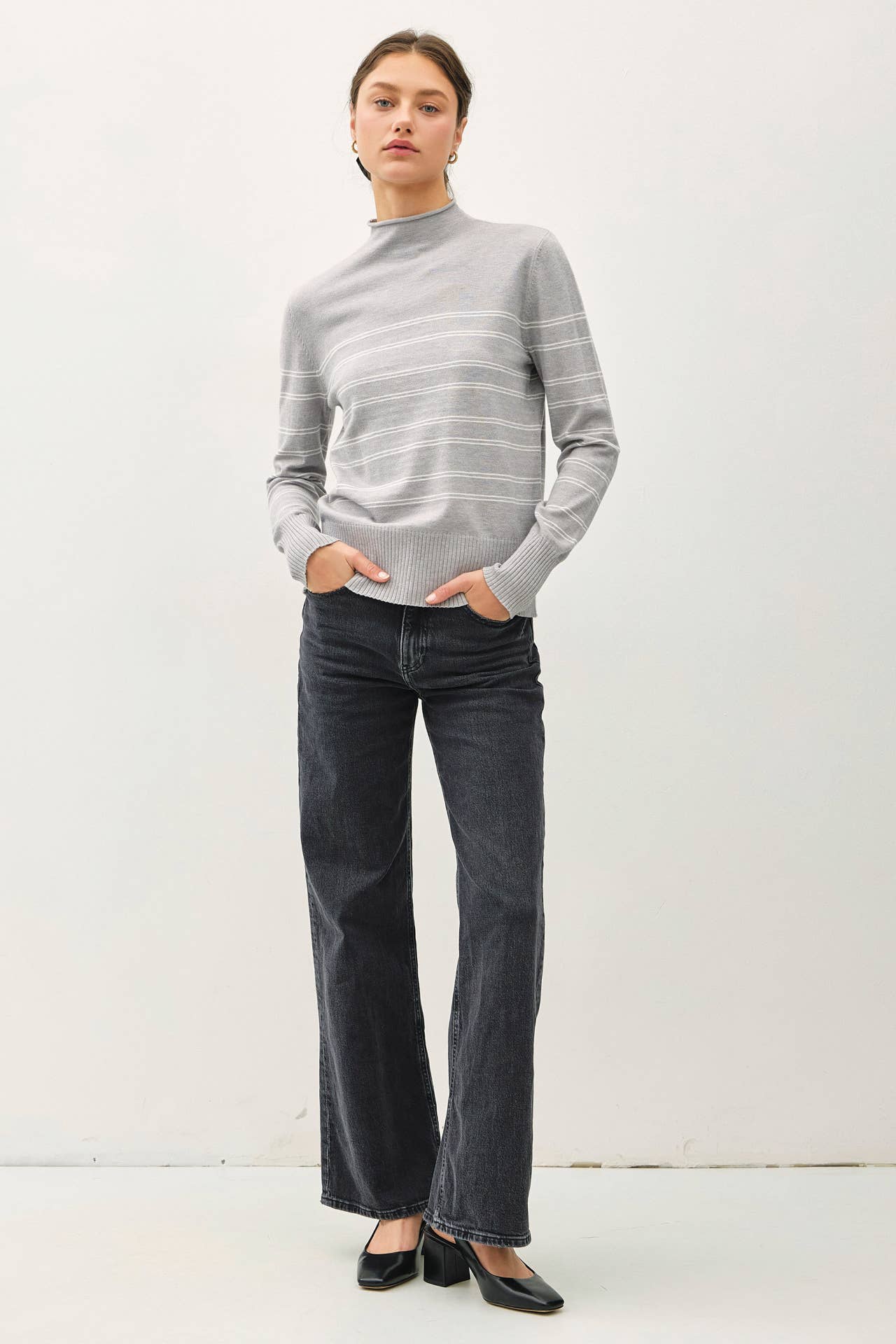 Thin Double Striped Mock Neck Sweater