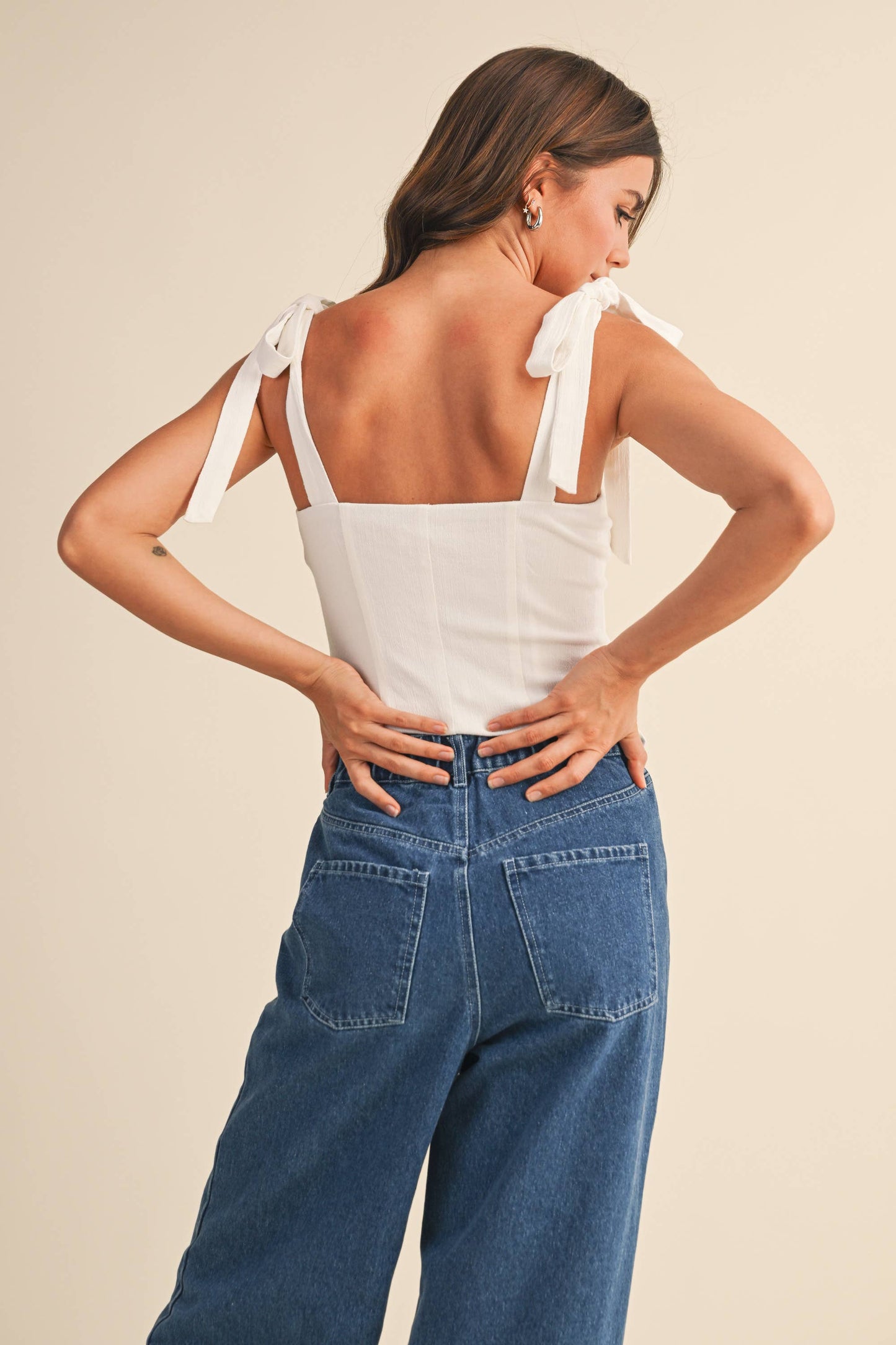 Stretchy Linen Button Down Tie Strap Top