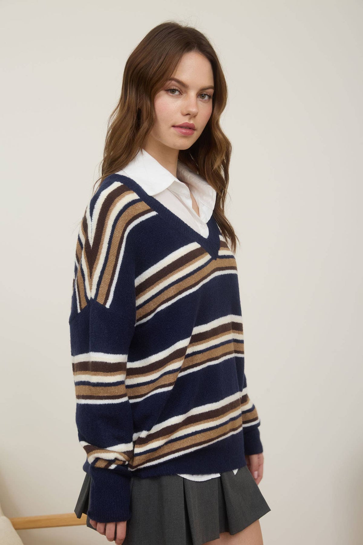 MULTICOLOR STRIPE V NECK LONG SLEEVE KNIT SWEATER