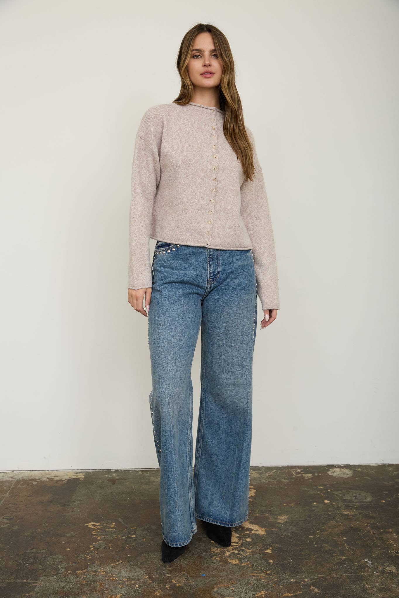 Raw Edge Mock Neck Button Down Cardigan
