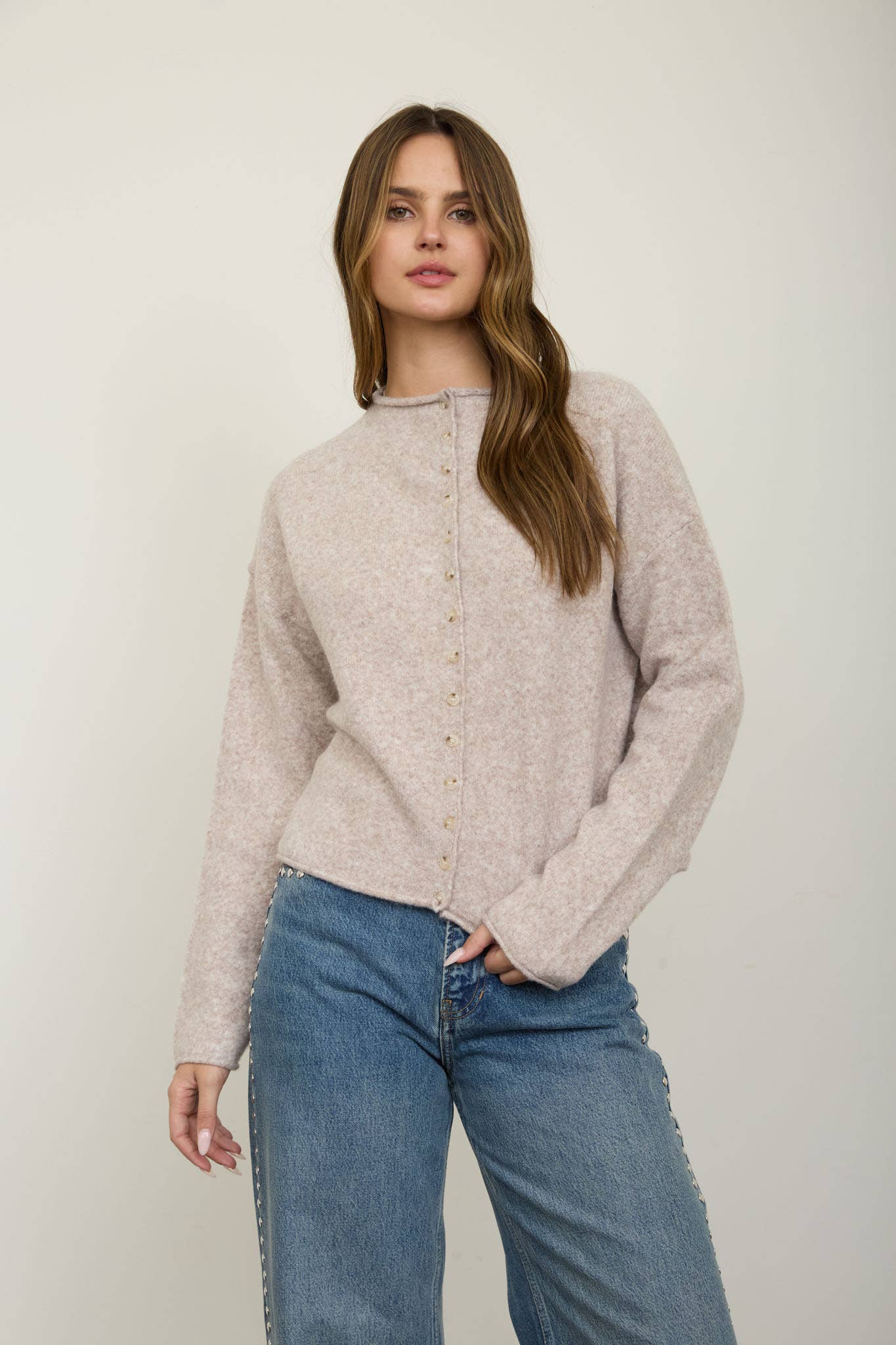 Raw Edge Mock Neck Button Down Cardigan