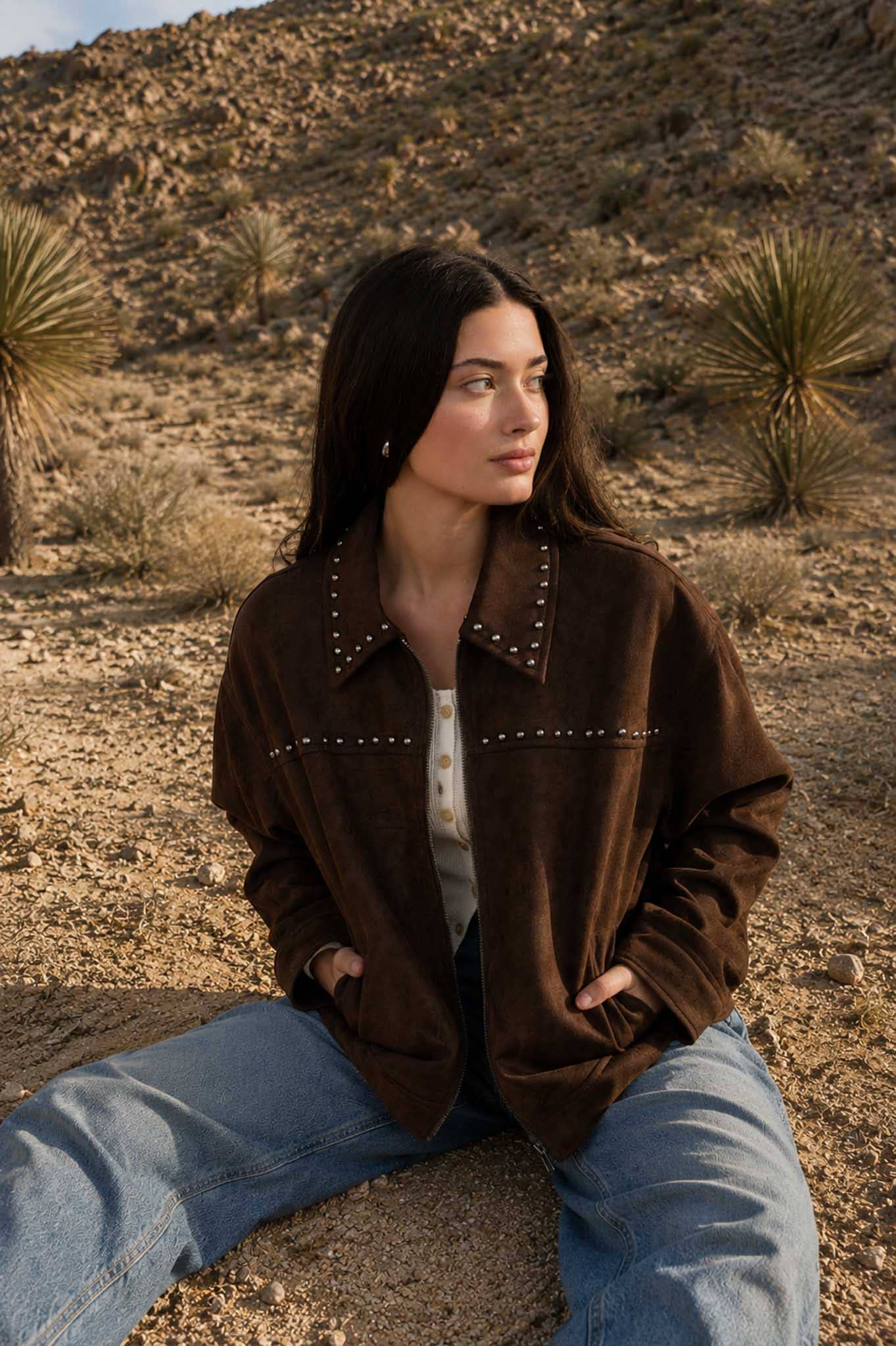 Studded Collared Zip-Up Suede Jacket