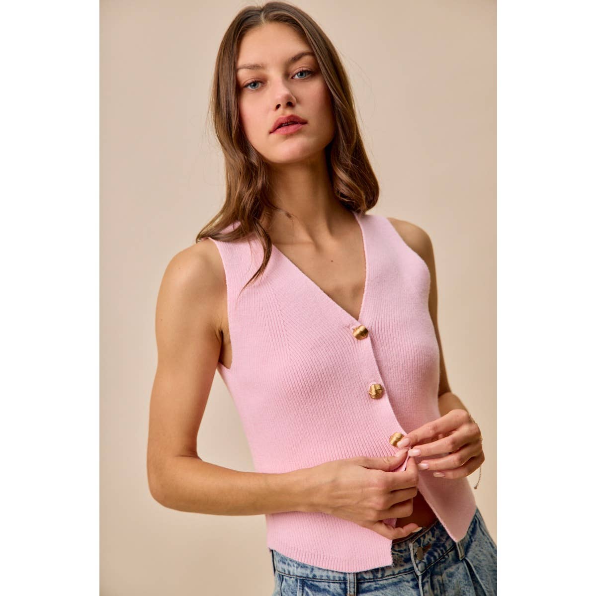 Knitted Sweater Vest Top With Metal Buttons