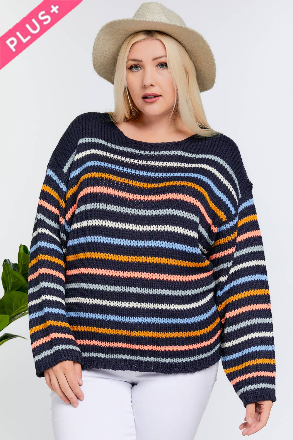 PLUS STRIPE ROUND NECK LONG SLEEVE KNIT SWEATER