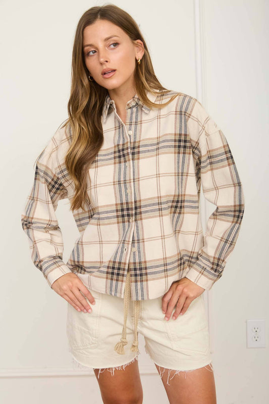 Plaid Button Laid Boxy Long Sleeve Shirt
