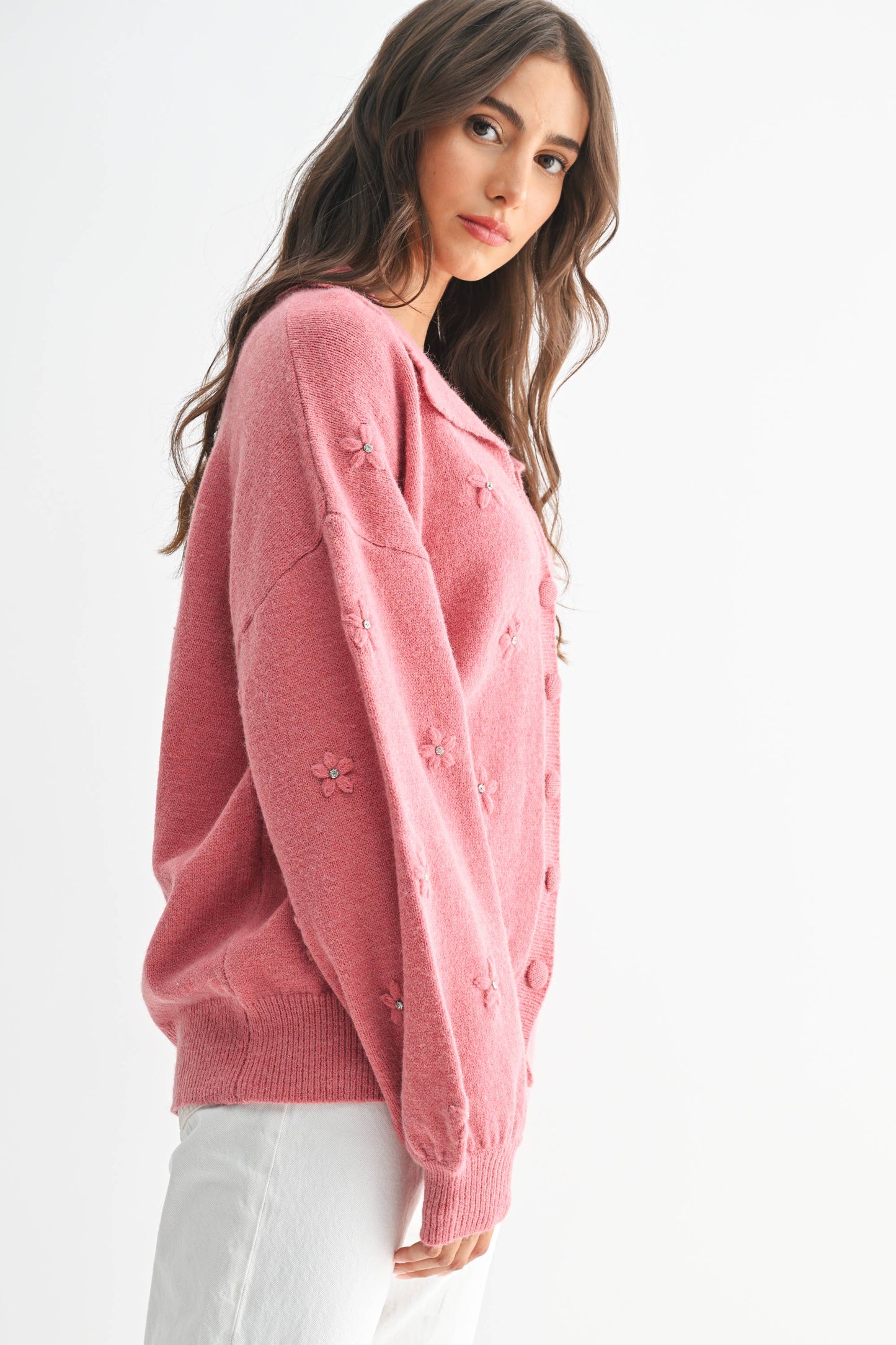 Cozy Pastel Cardigan With Floral Embellishments