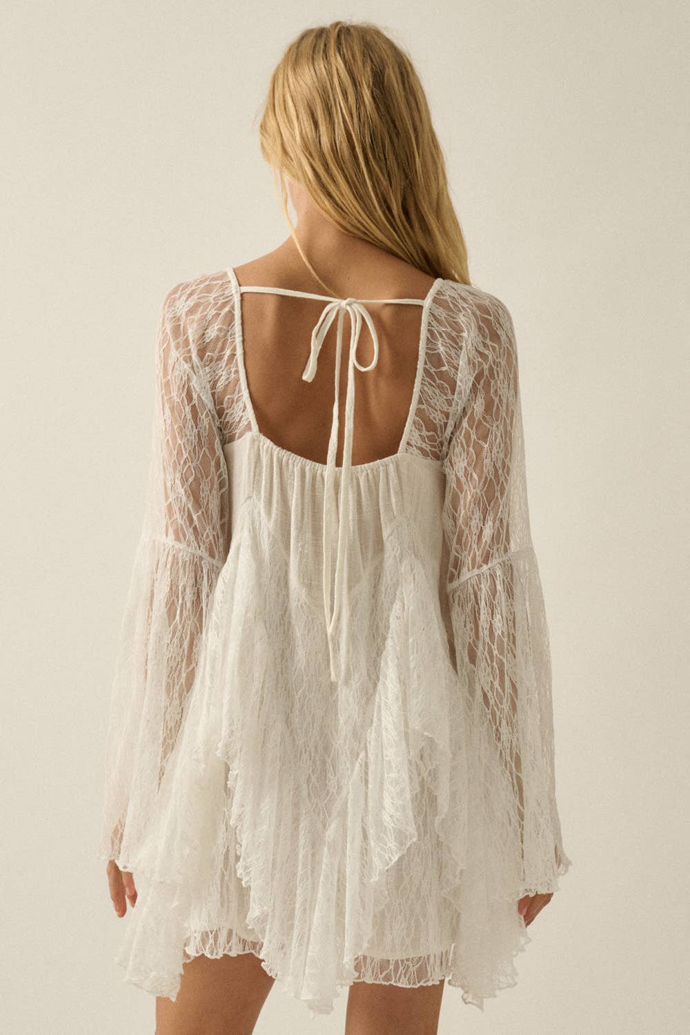 Ruffled Lace Bell-Sleeve Open-Back Romper