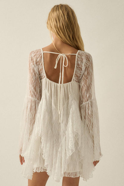 Ruffled Lace Bell-Sleeve Open-Back Romper