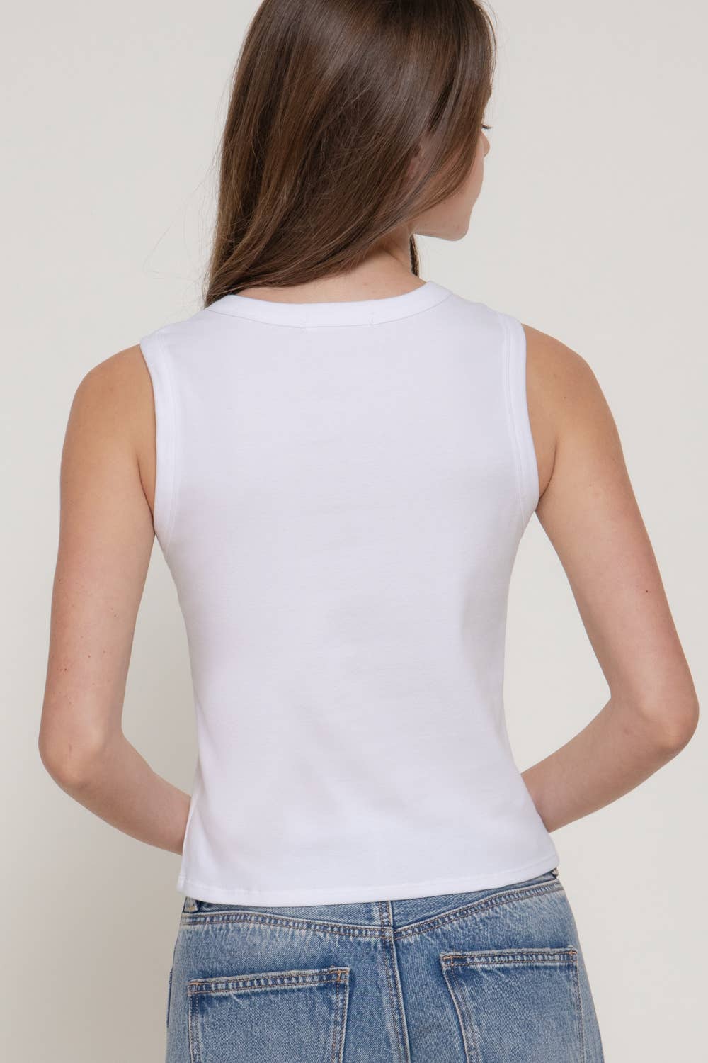 Sleeveless Crew Neck Button Down 1x1 Rib Top