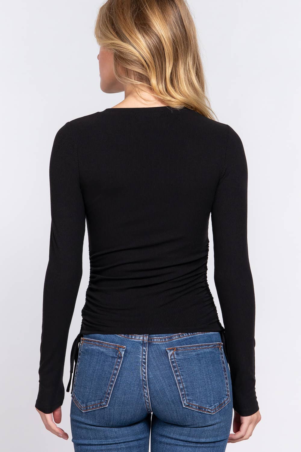 Long Sleeve Crew Neck Side Ruched Detail Rayon Rib Knit Top