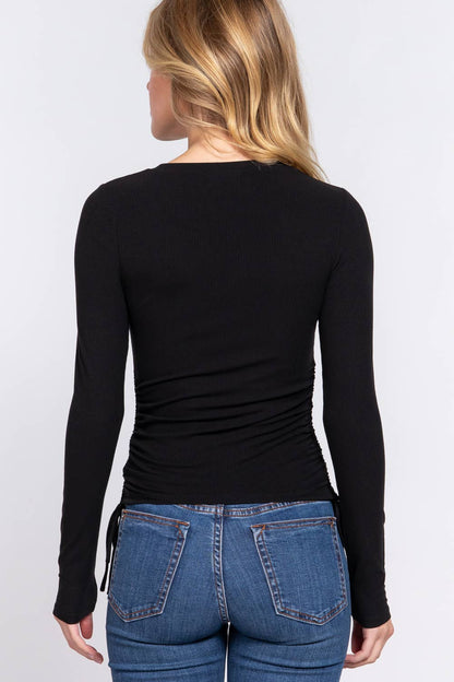 Long Sleeve Crew Neck Side Ruched Detail Rayon Rib Knit Top