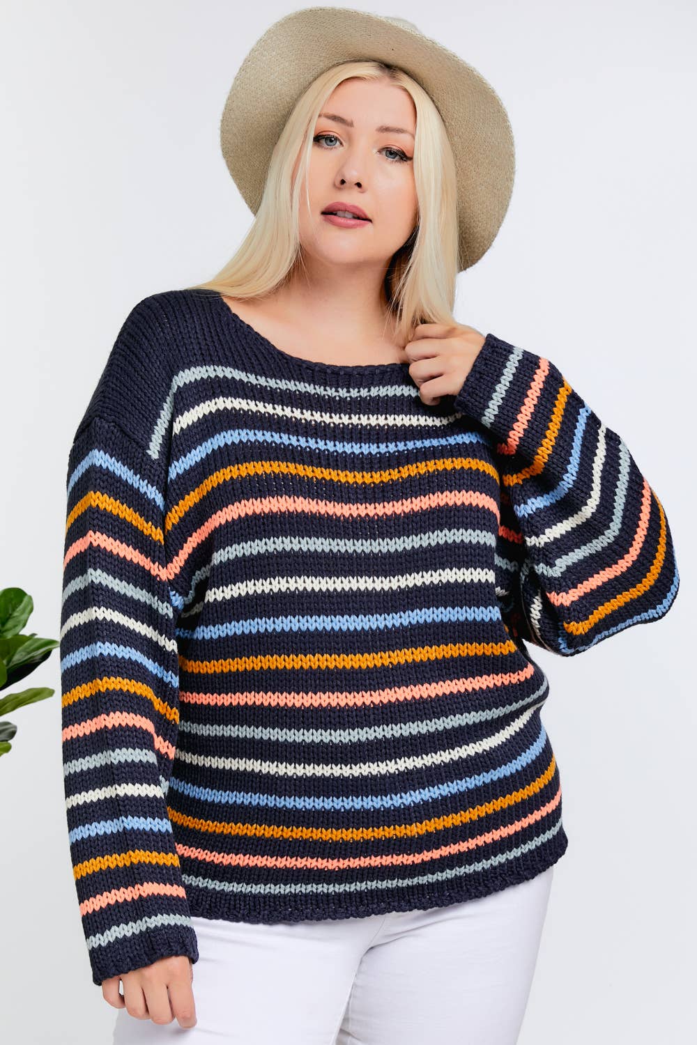 PLUS STRIPE ROUND NECK LONG SLEEVE KNIT SWEATER