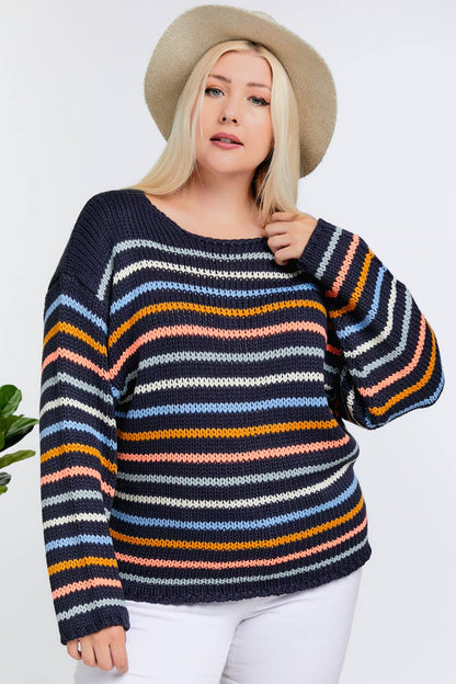 Plus Stripe Round Neck Long Sleeve Knit Sweater
