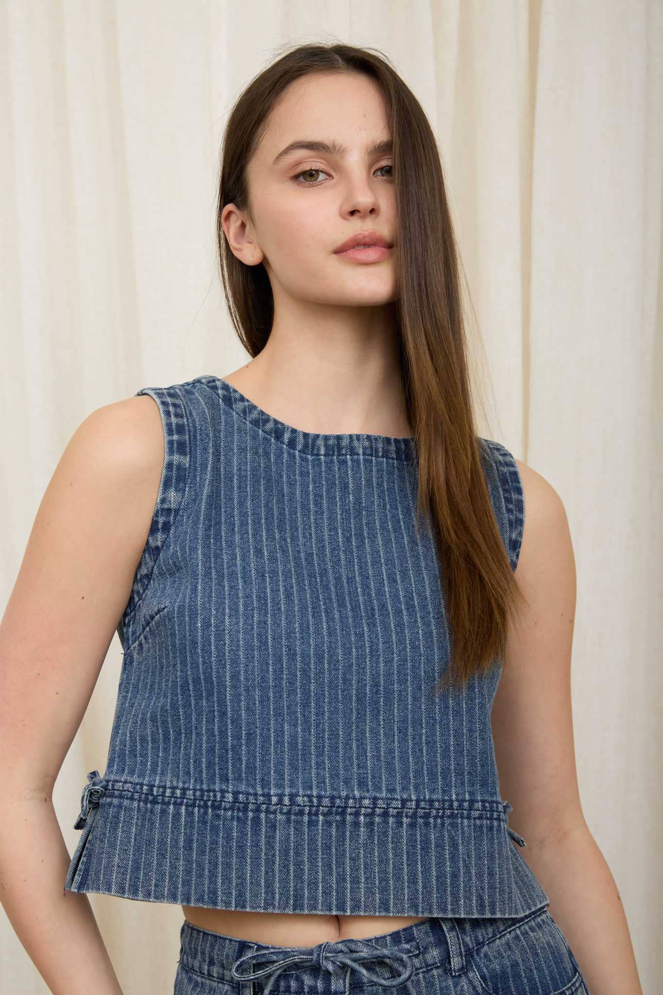 Stripe Washed Denim Sleeveless Side Tie Crop Top